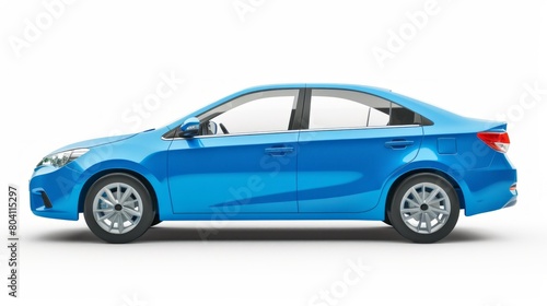 A blue car is parked on a white background