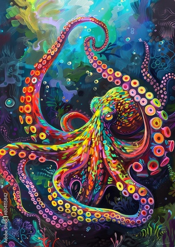 Wallpaper Mural Psychedelic Octopus: Vibrant Underwater Scene with Colorful Swirling Tentacles Torontodigital.ca