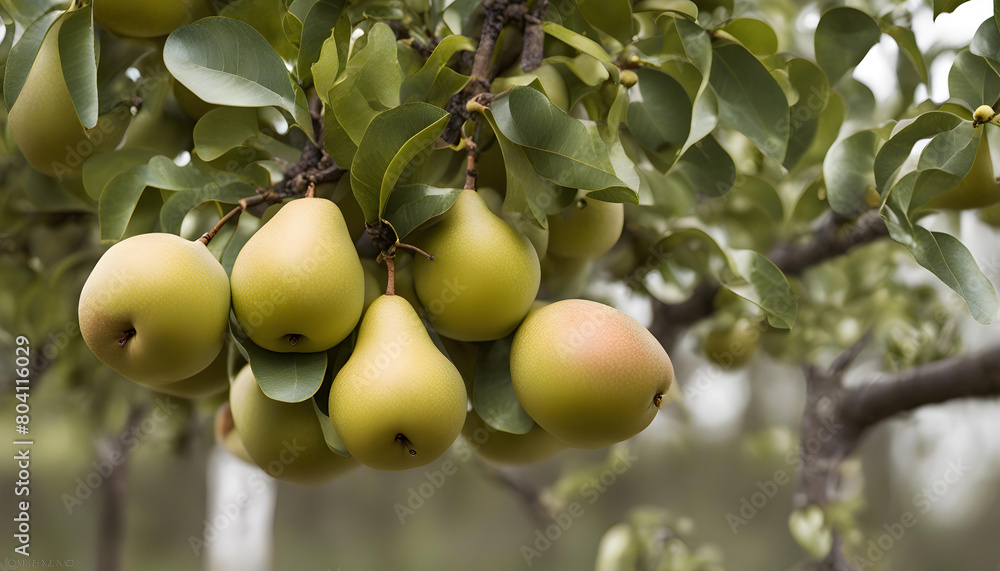 closeup of ripe organic nashi pears hanging on nashi pear tree