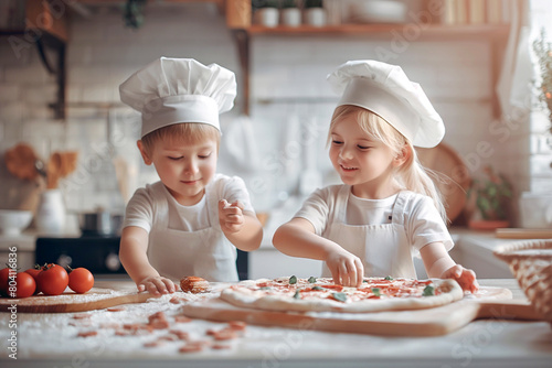 Boy and girl making pizza in the kitchen