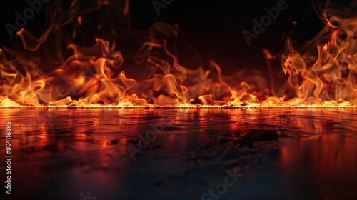 Fire burns on the wet asphalt. Fire and water. Reflection of fire.