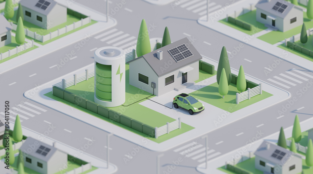 3D isometric green house with solar panels, electric car and battery storage 3D isometric green house with solar panels, electric car and battery storage