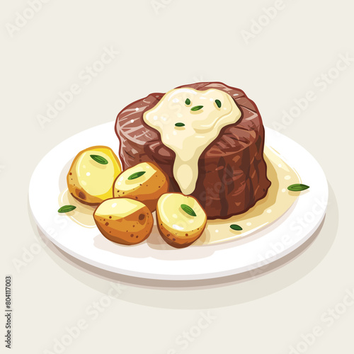 A plate of food with a piece of meat and potatoes