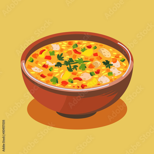 A bowl of soup with a variety of vegetables and herbs