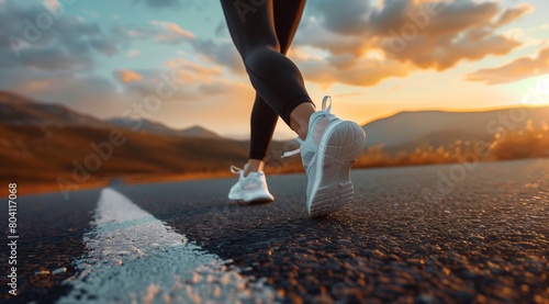 Active Woman Running Along Mountain Road at Sunset photo