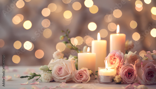 Burning candles with beautiful flowers on beige table against blurred lights. Divaly celebration