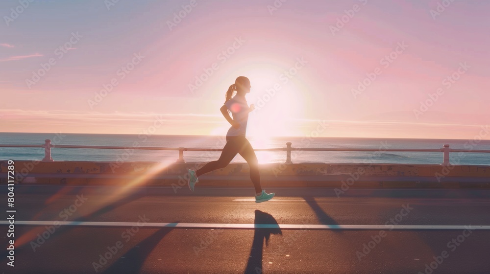 Fototapeta premium Active Woman Running Along the Seaside at Sunset