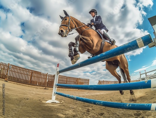 Wide-angle view of a horse and rider mid-jump over a blue obstacle against a cloudy sky.
