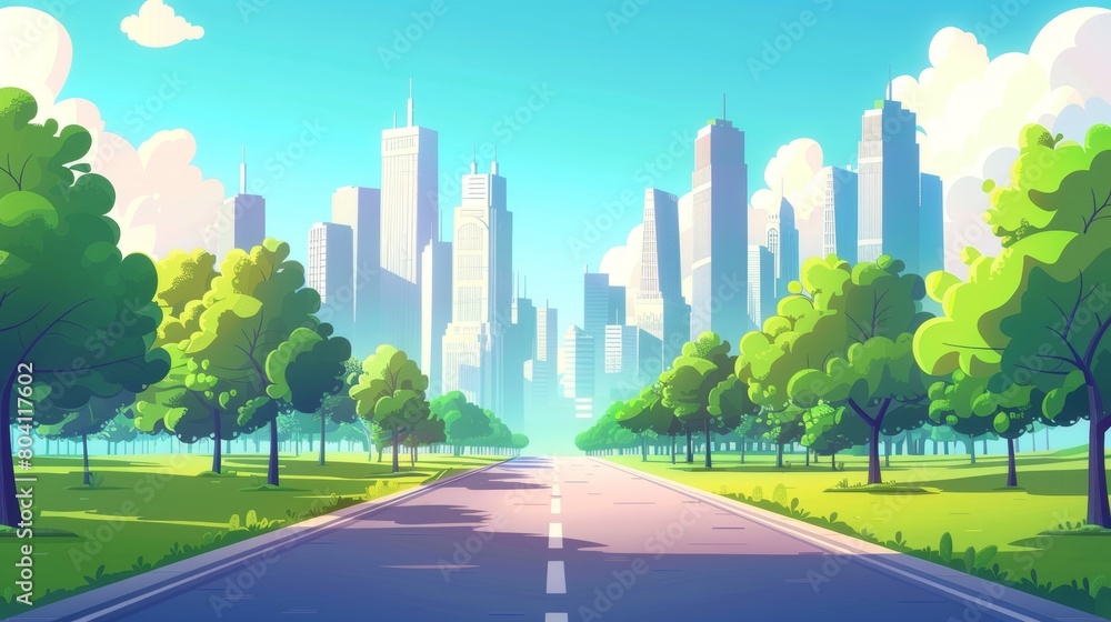 The scene shows a summer city scene with alleyways, streets, parks, and skycrapers on horizon. The scene shows a parallax modern background with an empty backstreet lane.