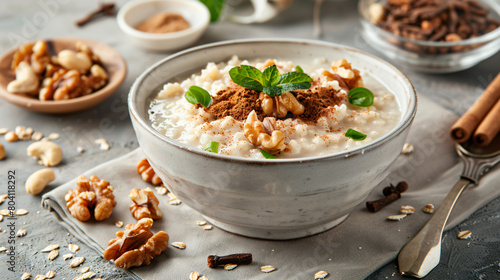 Bowl of tasty semolina porridge with nuts and cinnamon