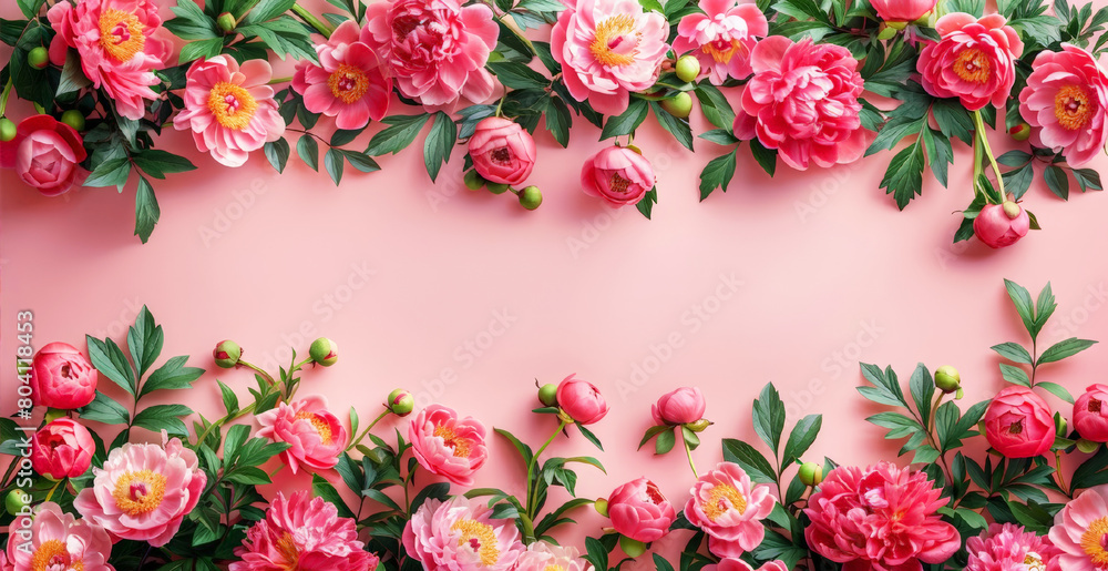Flat lay border of Peonies flowers and leaves on a light pink background. Greeting card for woman or mothers day, Easter, wedding, Birthday. Botanical illustration template with copy space. Flat lay border of Peonies flowers and leaves on a light pink background. Greeting card for woman or mothers day, Easter, wedding, Birthday. Botanical illustration template with copy space.