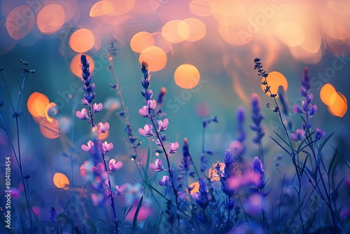 Wild Flowers Dusk Panorama: Uncultivated Field Bokeh Lights © Michael