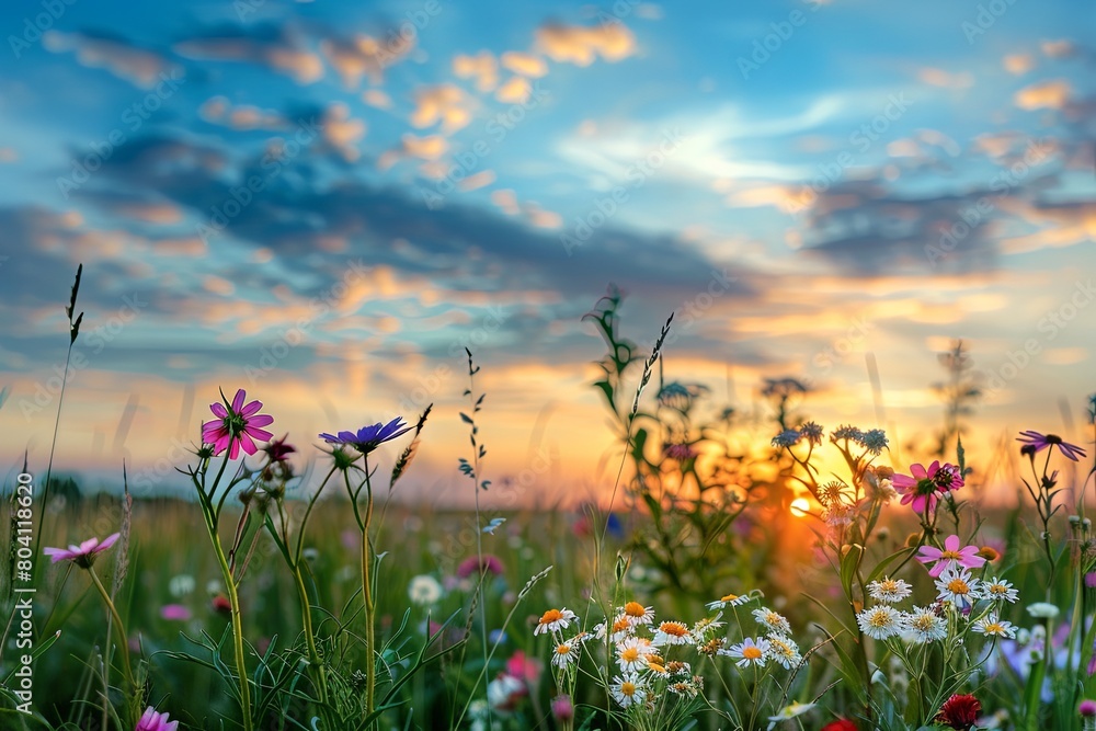 Wild Flowers Sunset: Serene Summer Meadow Blossoms Under Blue Sky