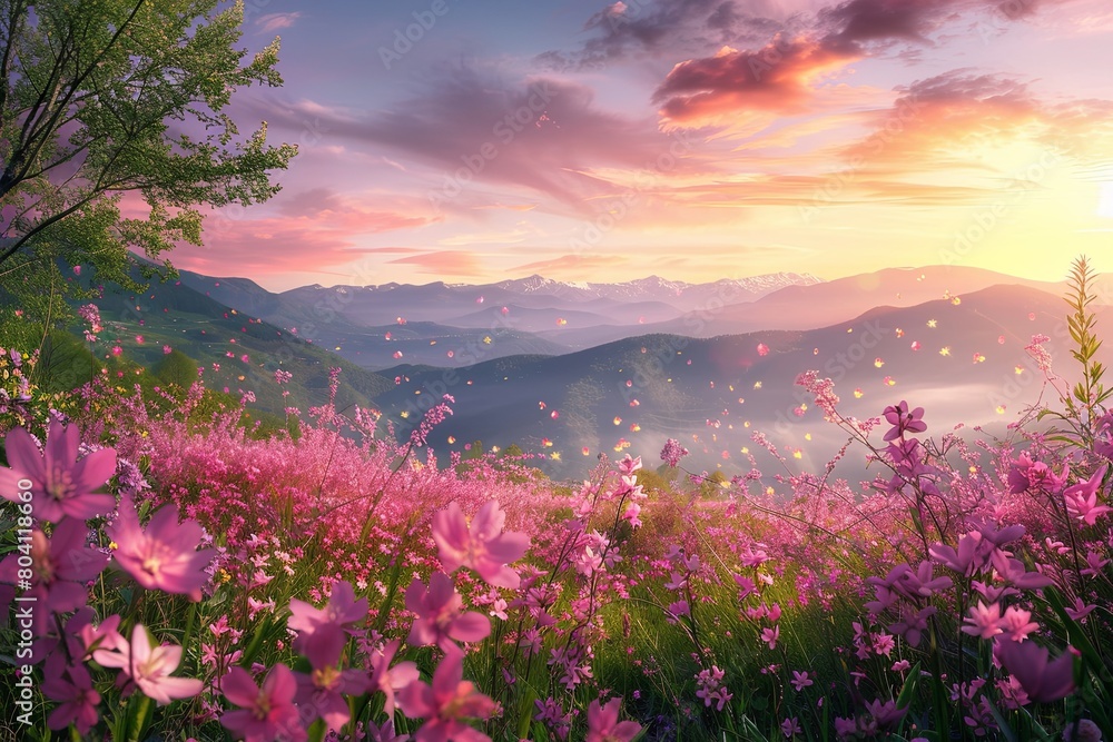 Wild Flowers Meadow: Pink Blossoms at Twilight