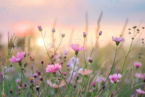Vibrant Wild Flowers: Idyllic Pink Blossoms in Nature's Meadow at Pastel Evening Sky