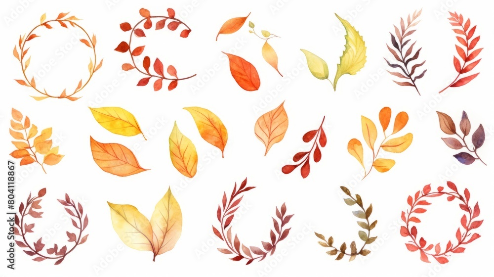 Wreath of colorful autumn fall leaves isolated on white background. Watercolour illustration with place for save date, text, photo. Fall, autumn, Thanksgiving Wreath of colorful autumn fall leaves isolated on white background. Watercolour illustration with place for save date, text, photo. Fall, autumn, Thanksgiving