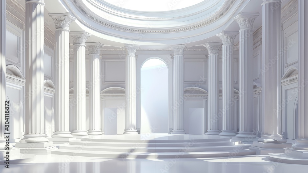 This is a modern illustration of an empty gallery with a circle podium, columns and inclined walls. It is reminiscent of a modern building corridor, museum hall or a modern hall in a museum. This is a modern illustration of an empty gallery with a circle podium, columns and inclined walls. It is reminiscent of a modern building corridor, museum hall or a modern hall in a museum.