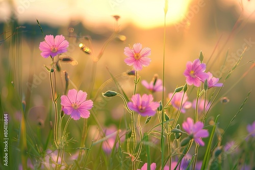 Wild Flowers Meadow: Pink Blossoms Sunset Bokeh Beauty