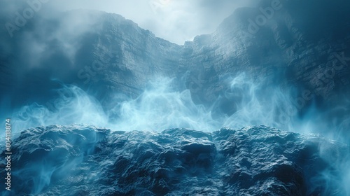 Blue smoke or fog on a mountain rocks landscape.