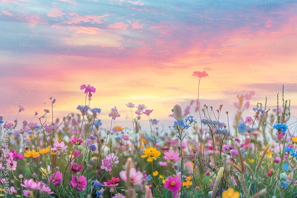 Wild Flowers Sunset Spectacle: Tranquil Beauty with Vibrant Colors in Nature