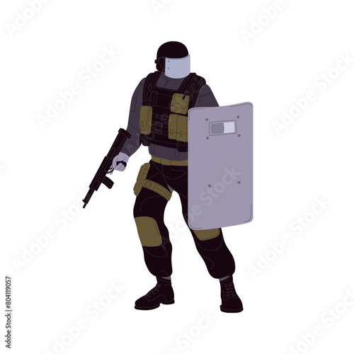 Armed soldier of SWAT. Police serviceman in body armor with bulletproof shield, assault rifle. Army fighter in uniform holds gun, firearm weapon. Flat isolated vector illustration on white background