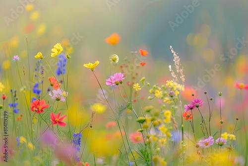 Wild Flowers Background  Uncultivated Floral Landscape in Vibrant Spring Hues