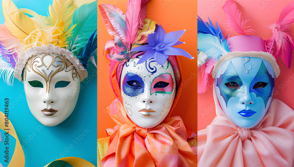 Collage of bright carnival masks on color background Collage of bright carnival masks on color background