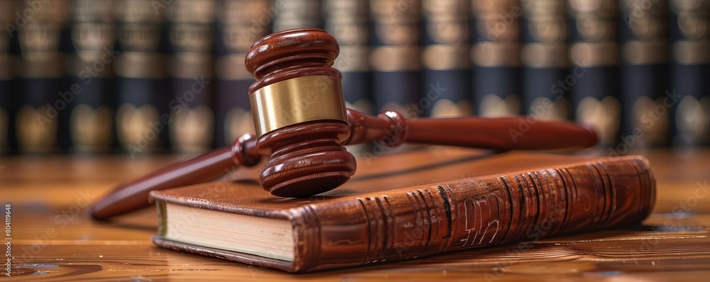 Serious judge's gavel with legal book on wooden table in courtroom Serious judge's gavel with legal book on wooden table in courtroom