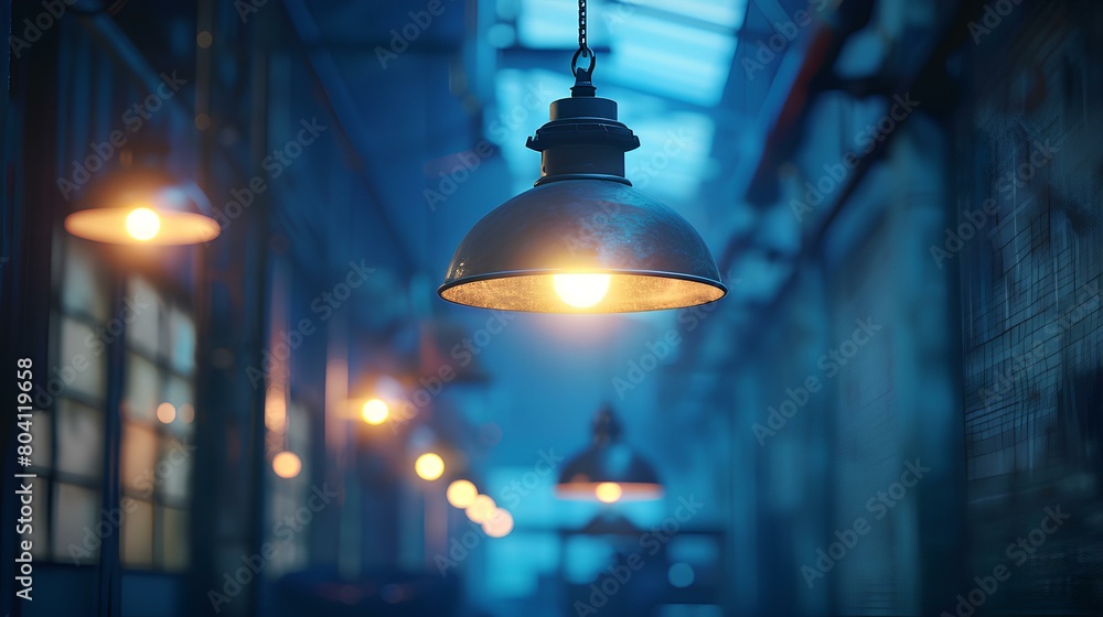 close-up,portrait of modern factory illumination, featuring dynamic factory lighting that creates a moody atmosphere through the strategic placement of industrial light sources,