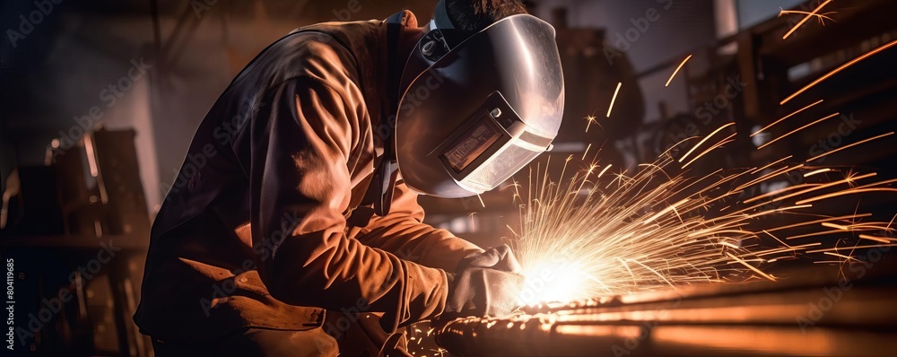 Sparks fly as a welder in protective gear works on a metal structure.