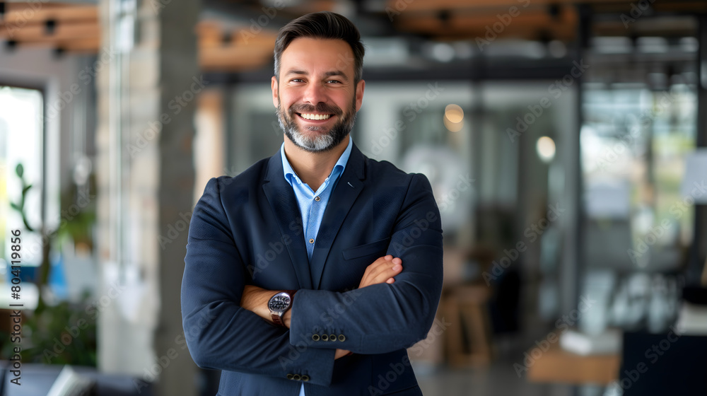 Portrait of a smiling confident businessman standing with arms crossed in a modern office building, looking at the camera and smiling at the lens
Portrait of a smiling confident businessman standing with arms crossed in a modern office building, looking at the camera and smiling at the lens