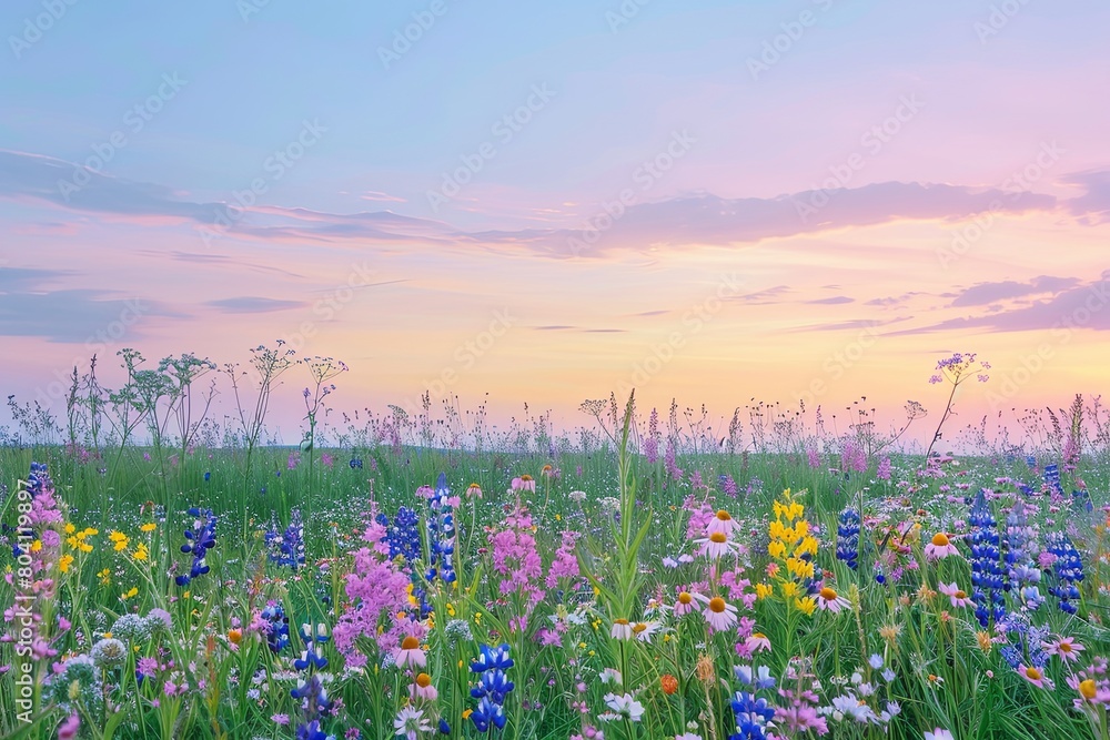 Wild Flowers Dusk Panorama: Serene Meadow Pastel Skies