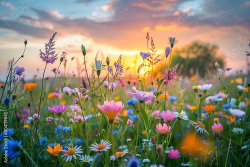 Pastel Sunset: Wild Flowers Blooming in Calm Summer Meadow