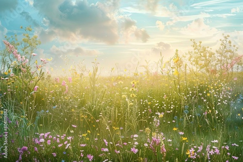 Pastel Hues and Vibrant Blossoms  Wild Flowers Panorama in a Calming Springtime Field