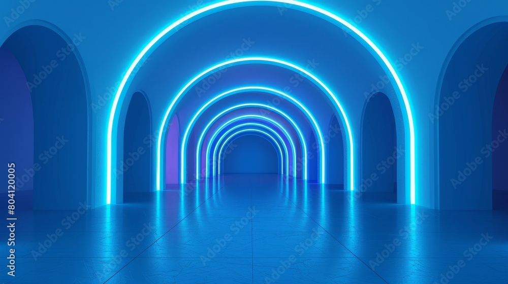 An abstract tunnel with many arches glowing with neon blue light. Realistic modern illustration of an empty 3D passage. Contemporary art gallery, space station, futuristic building interior design.