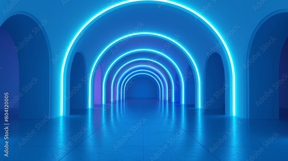 An abstract tunnel with many arches glowing with neon blue light. Realistic modern illustration of an empty 3D passage. Contemporary art gallery, space station, futuristic building interior design. An abstract tunnel with many arches glowing with neon blue light. Realistic modern illustration of an empty 3D passage. Contemporary art gallery, space station, futuristic building interior design.