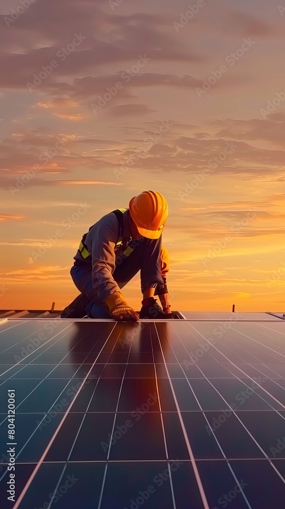 male worker in protective helmet and uniform working on roof with solar panels against sunset sky