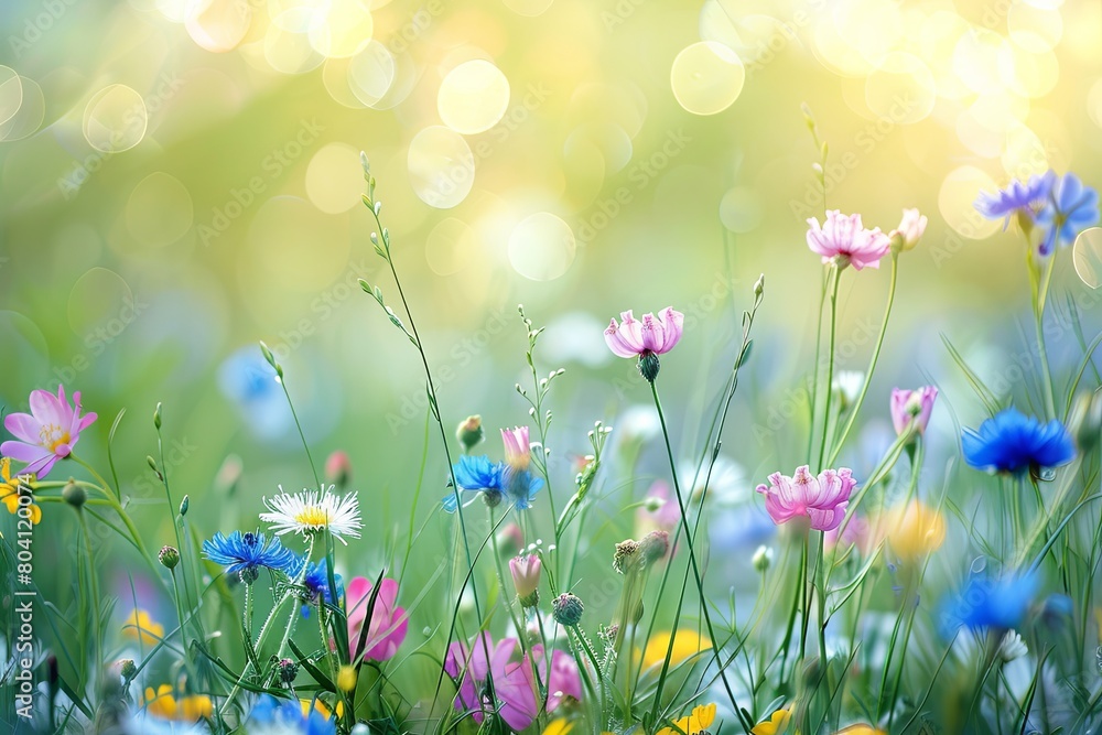 Wildflowers Meadow Bokeh Bliss: Springtime Panorama Wallpaper