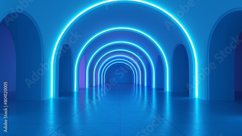 An abstract tunnel with many arches glowing with neon blue light. Realistic modern illustration of an empty 3D passage. Contemporary art gallery  space station  futuristic building interior design.