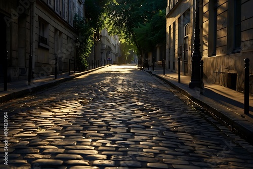 Sunlight casting long shadows on a cobblestone street, reminiscent of a quiet Parisian morning.