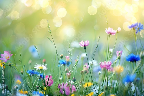 Wildflowers Meadow Bokeh Bliss  Springtime Panorama Wallpaper