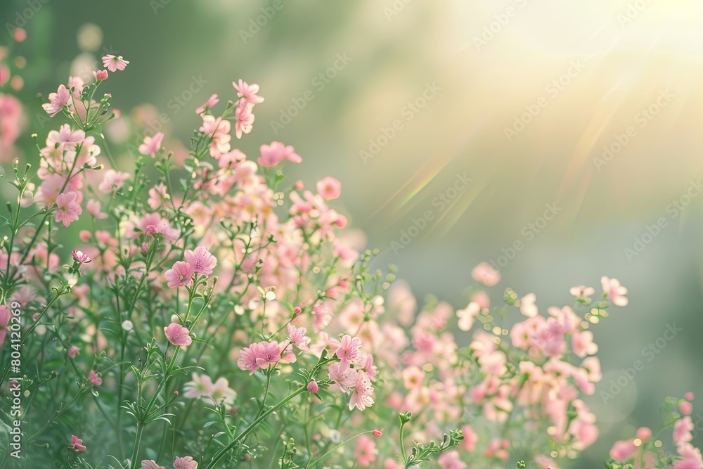 Fototapeta premium Tranquil Panorama: Wild Beauty of Pink Blossoms in Serene Nature Background