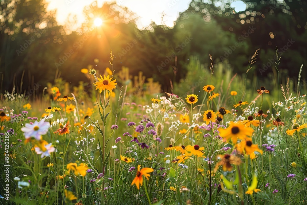 Sunlit Wild Flower Meadow Panorama: Tranquil Beauty of Serene Outdoor Blossoms