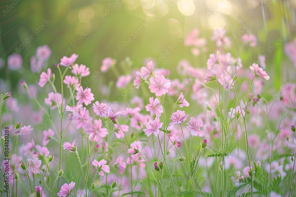 Tranquil Wild Beauty: Pink Blossoms and Serene Outdoor Panorama