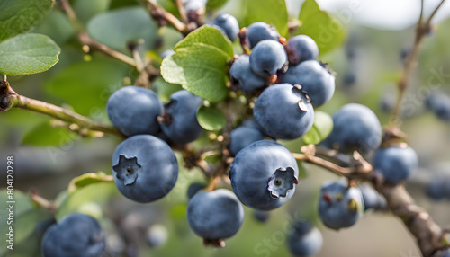 Detail of organic blueberries fruit on a branch