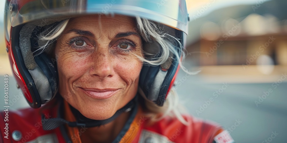 mage of aged gray haired female racer with wrinkles wearing helmet and protective glasses while smiling and looking at camera against blurred background mage of aged gray haired female racer with wrinkles wearing helmet and protective glasses while smiling and looking at camera against blurred background