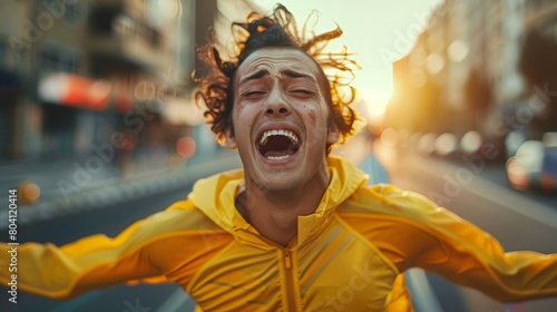 A man in a yellow jacket is running down the street, laughing and smiling
