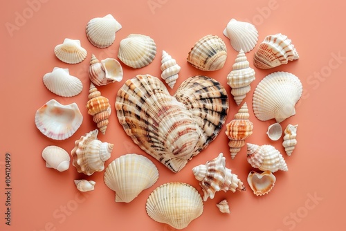 Heart-shaped shell collection creatively arranged on a coral background