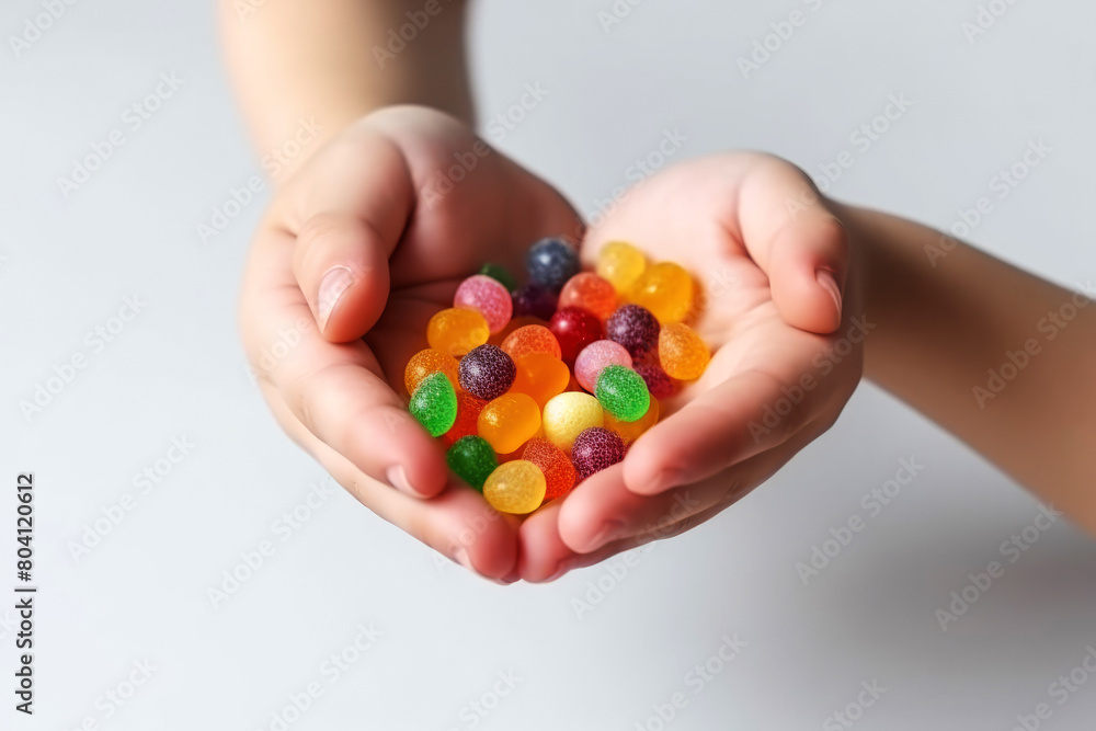 generated Illustration hands of young girl holds small colorful candies and sweets generated Illustration hands of young girl holds small colorful candies and sweets