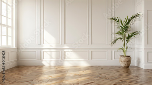 hardwood floors empty room with a potted plant in the corner  photo